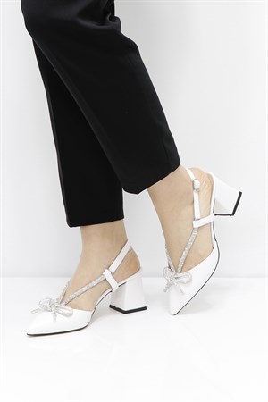 Beyaz Taşlı Topuklu Kadın Ayakkabı Tİ088