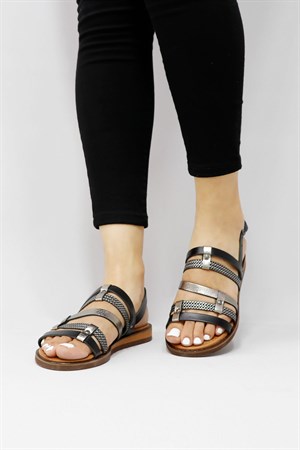 Siyah platin Hakiki Deri Düz Taban Kadın Sandalet 2103
